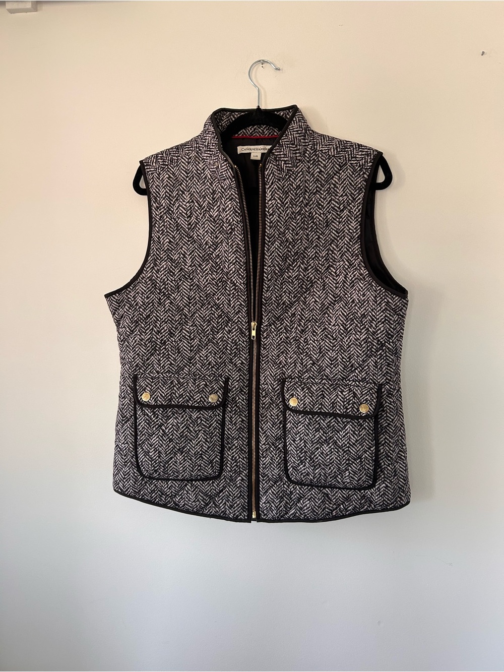 Catherine Malandrino Black and White Herringbone Quilted Vest with Gold Accents